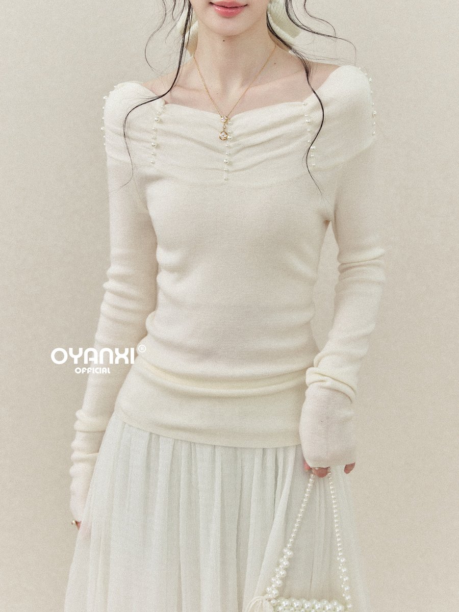 OYANXI オフショルダー パール装飾 スリム 長袖ニット