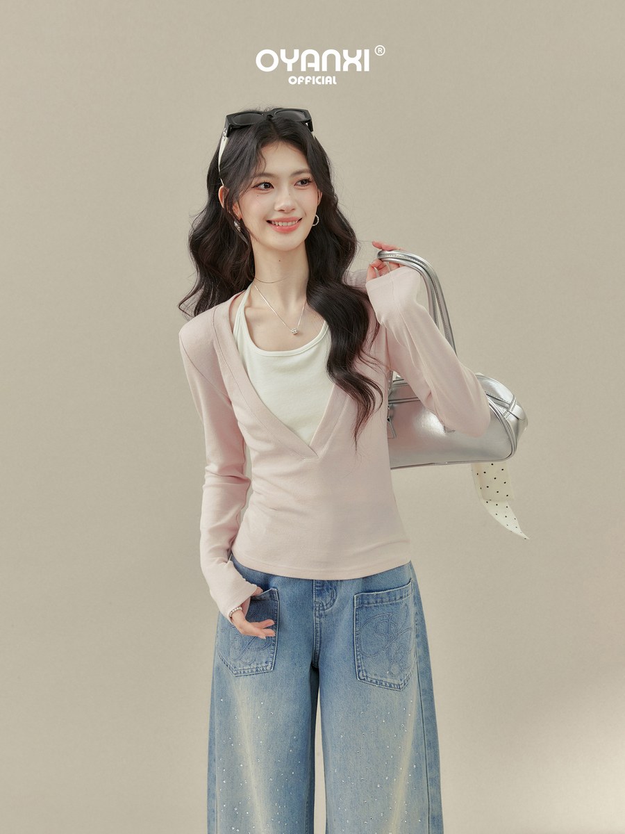 OYANXI ホルターネック風 フェイクレイヤード 長袖Tシャツ