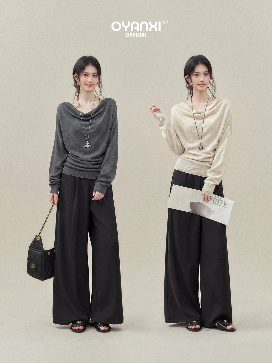 OYANXI ドレープネック ゆったり ウエストシェイプ 長袖ニットトップス