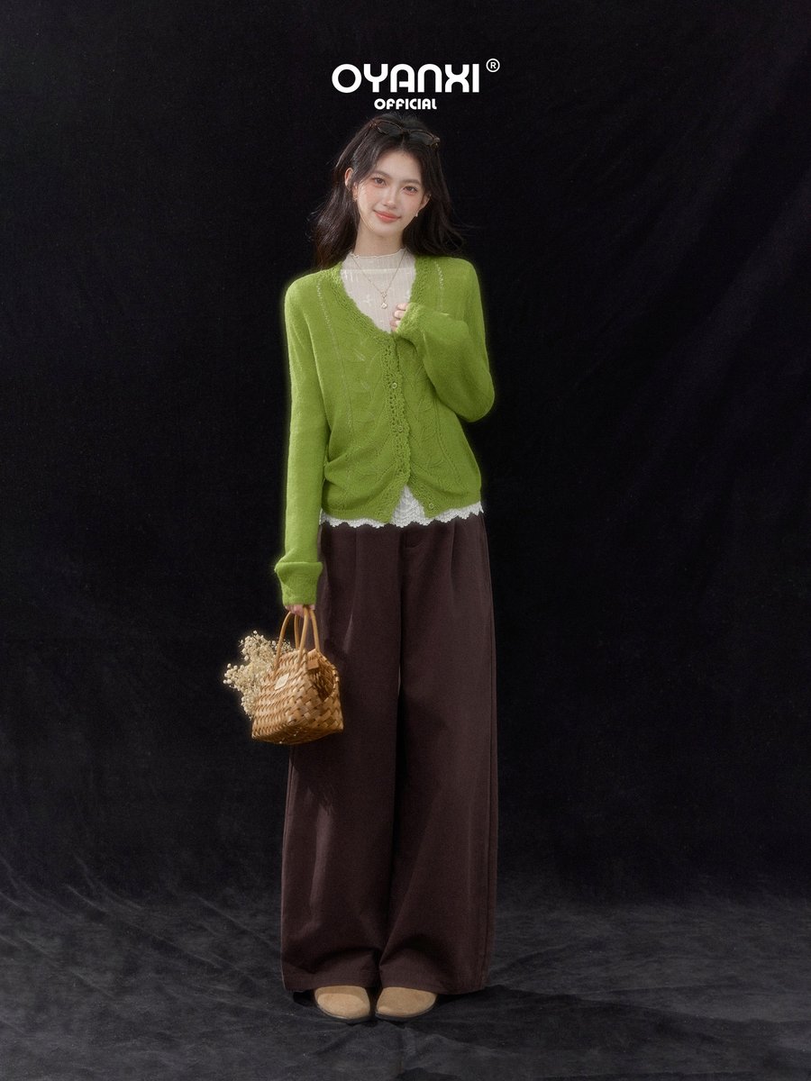 OYANXI Vネック 透かし編み柄 ゆったり 長袖ニットトップス