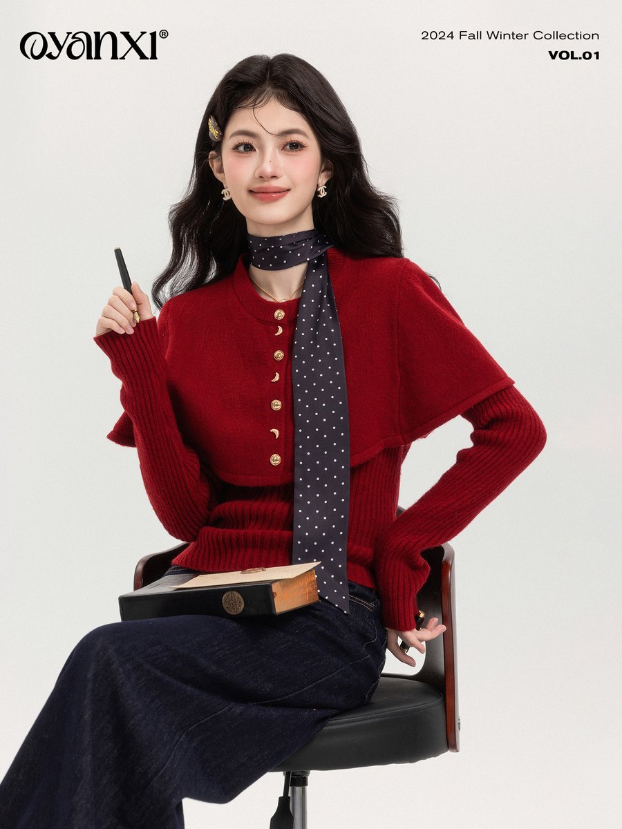 OYANXI ショール付き ウエストシェイプ ニット レッド