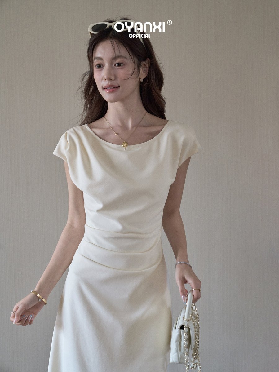 OYANXI ボートネック すっきりシルエット 半袖ロングワンピース