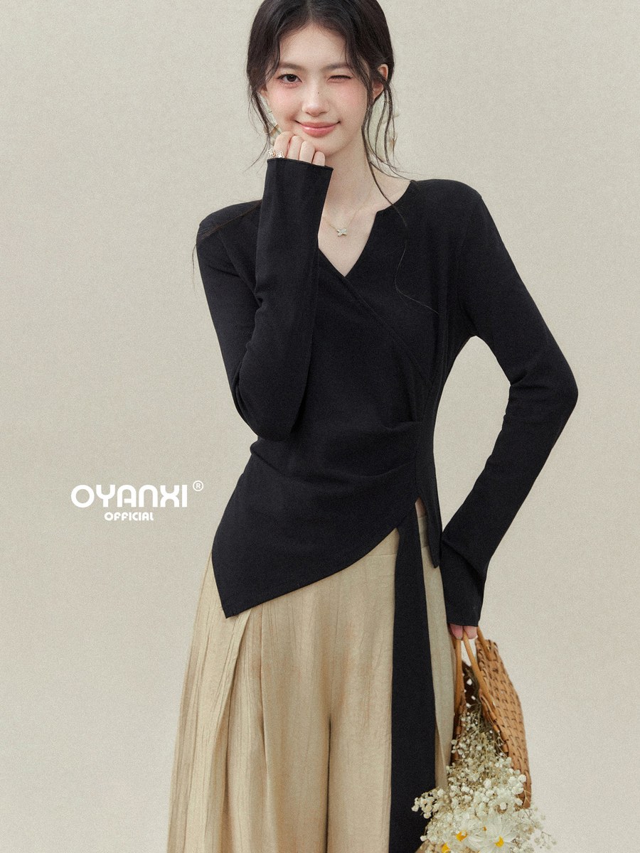 OYANXI アシンメトリーヘム Vネック 長袖Tシャツ