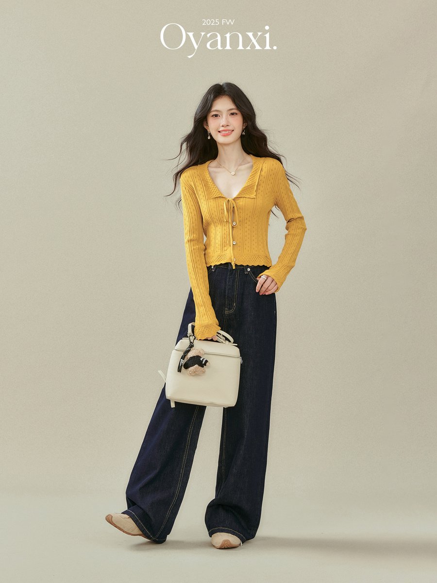 OYANXI リボン ショート丈 長袖ニット