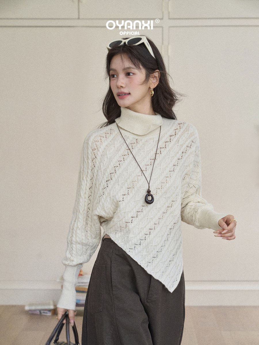 OYANXI ケーブル 透かし編み アシンメトリーヘム 長袖ニット