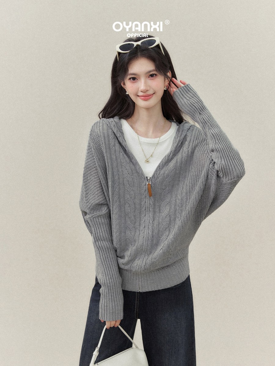 OYANXI フード付き ジップアップ ゆったりニットカーディガン