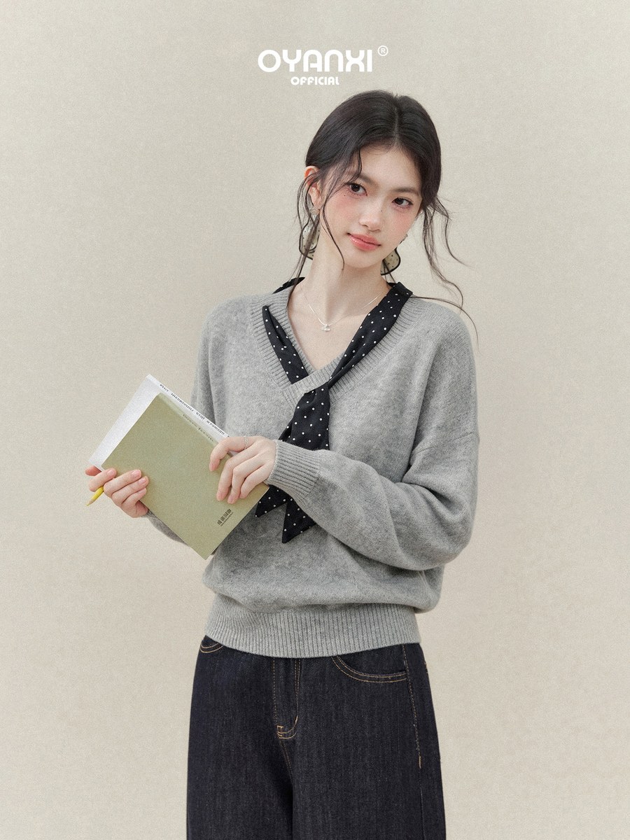 OYANXI ドット柄スカーフ付き ゆったり長袖ニットセーター