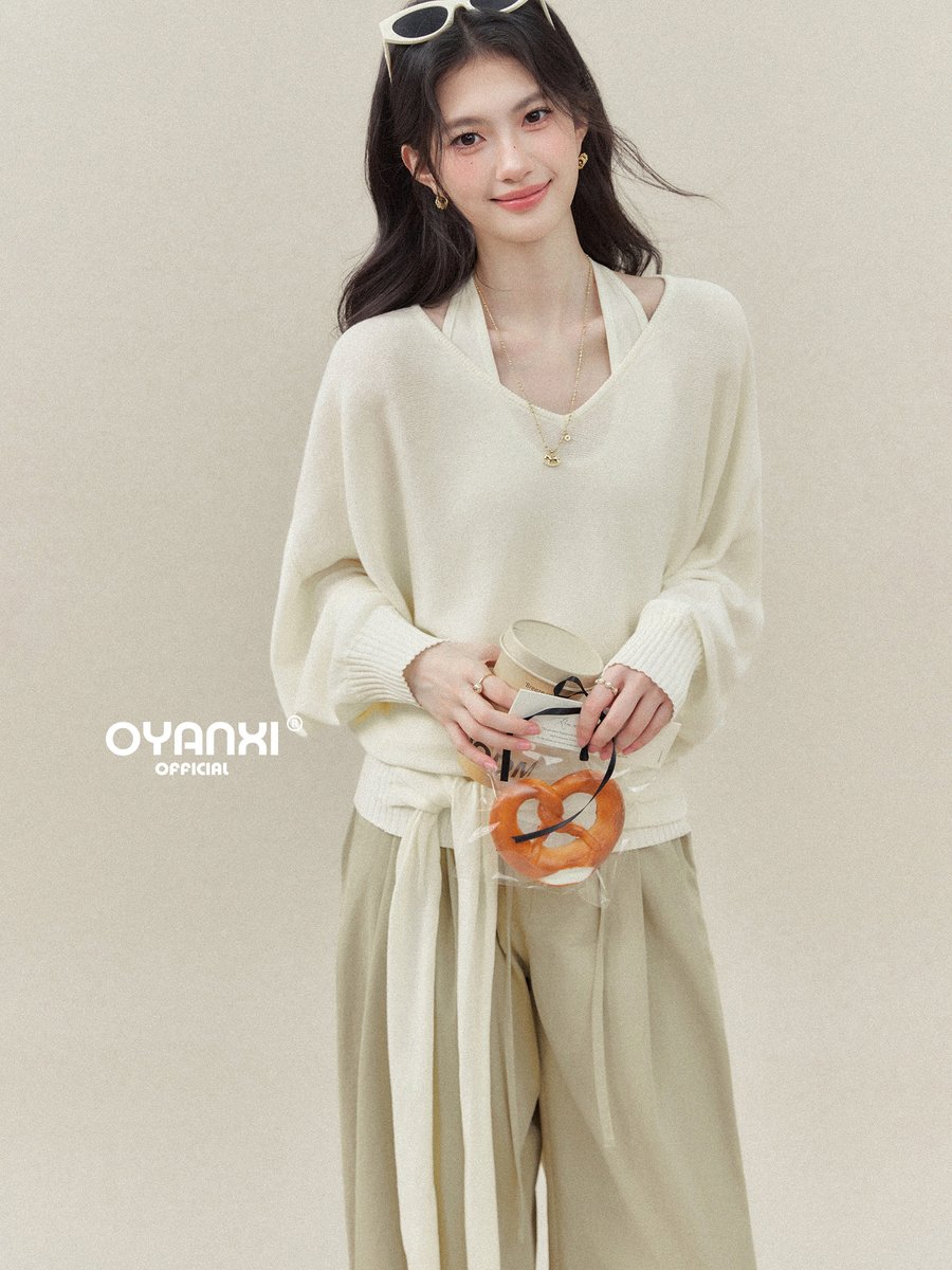 OYANXI ホルターネック キャミソール＆Vネック ニットトップス アンサンブル