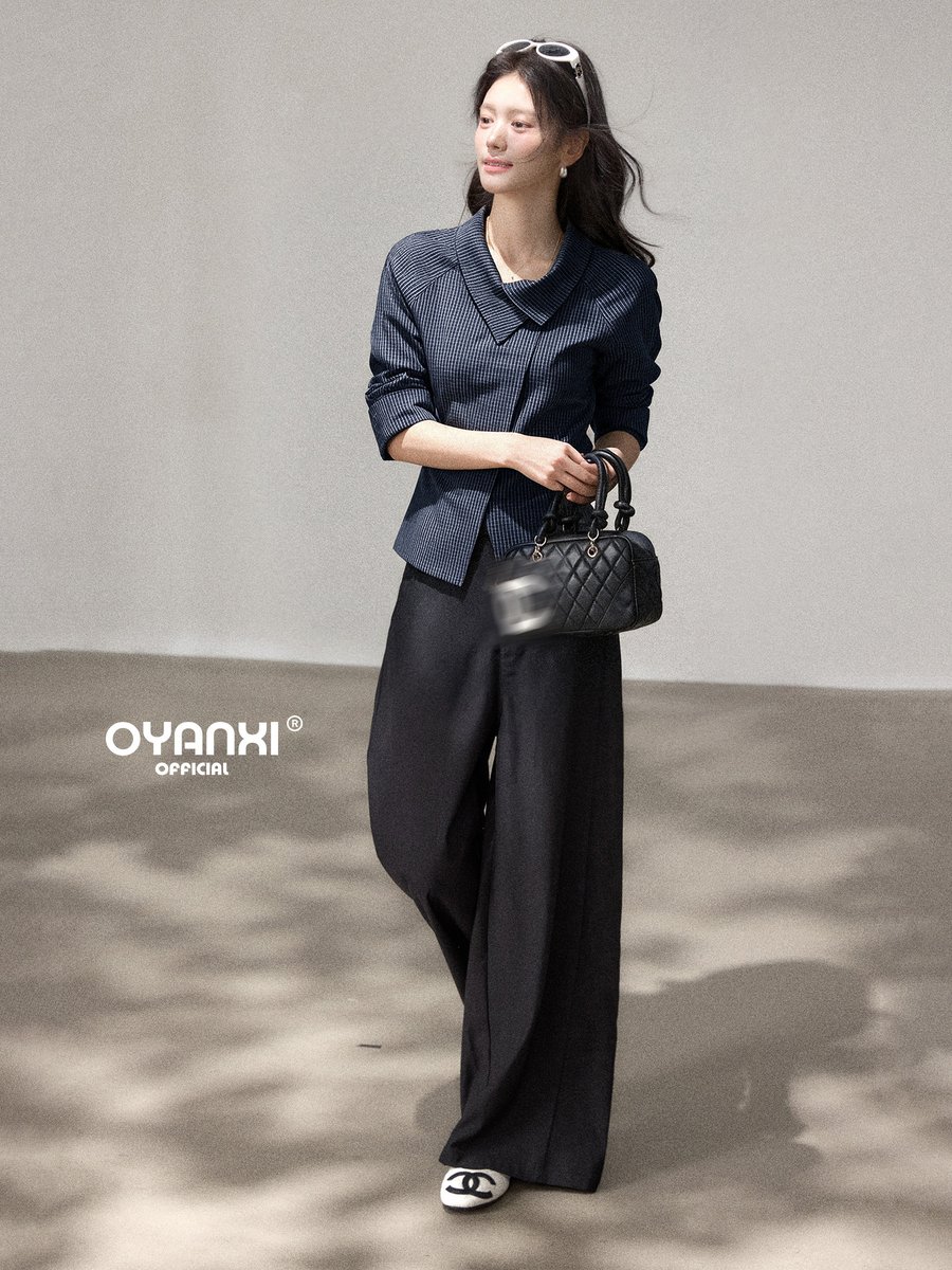 OYANXI ストライプ 襟付き ゆったりシャツ ネイビー