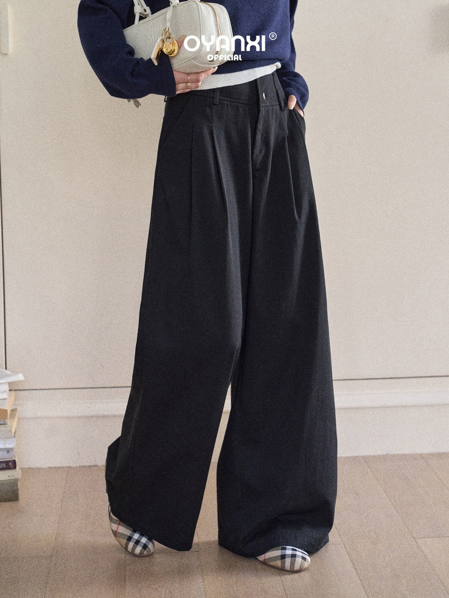 OYANXI タックウエスト とろみ ロング丈 ワイドパンツ