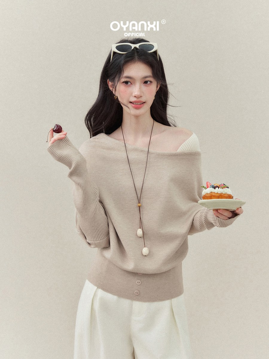 OYANXI アシンメトリーネック フェイクレイヤード ドルマンニット