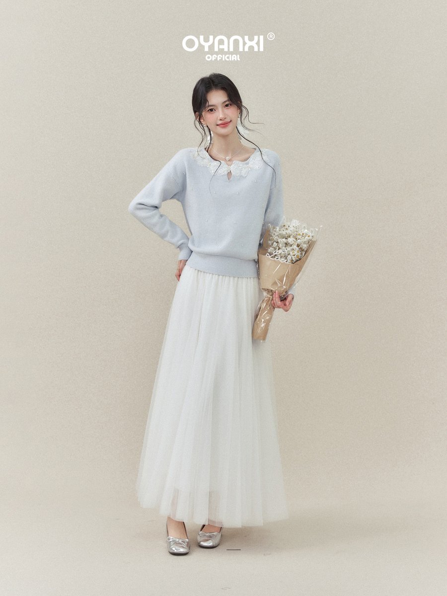 OYANXI レースリボンネック ゆったり 長袖セーター