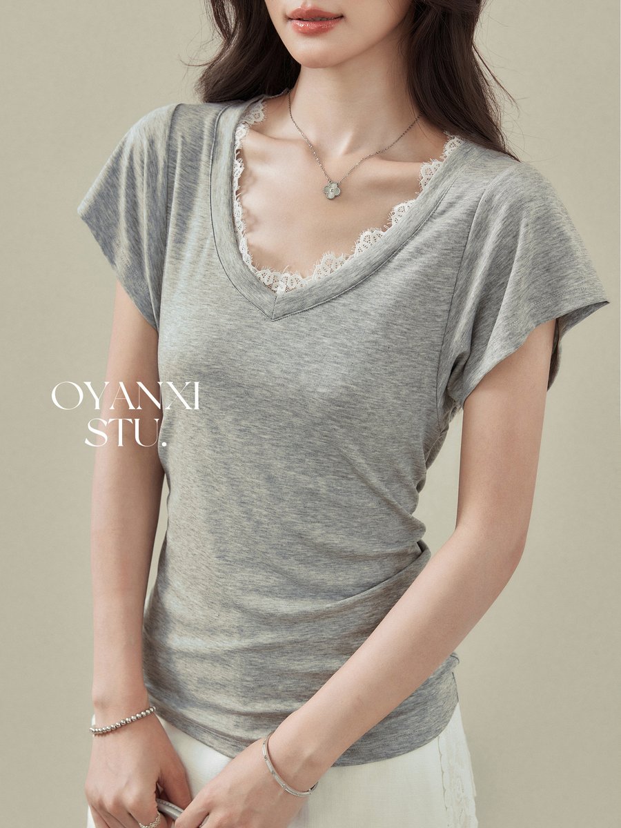 OYANXI レース切り替え Vネック 半袖Tシャツ グレー