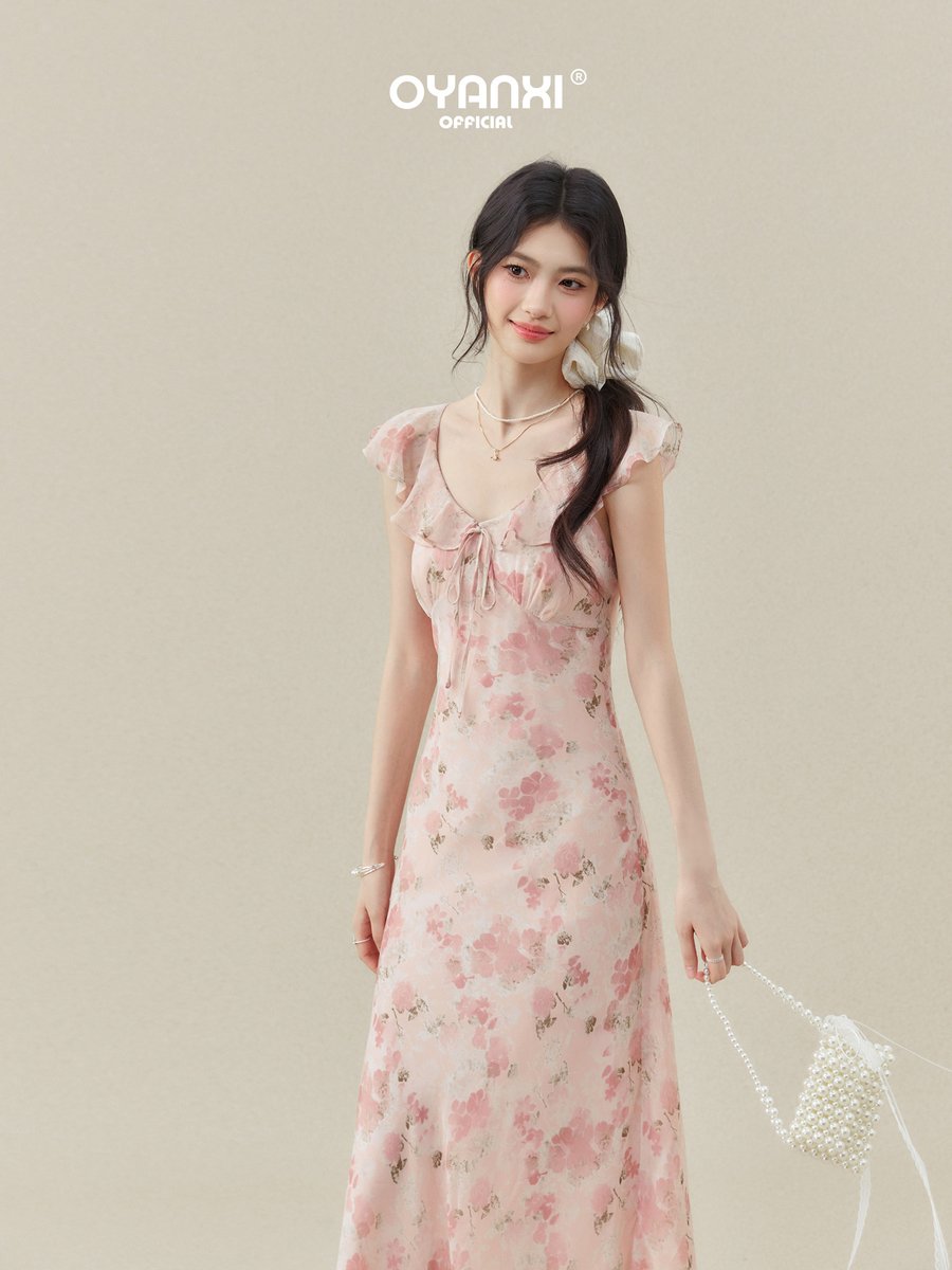 OYANXI 小花柄 フリルスリーブ ウエストシェイプ ロングワンピース