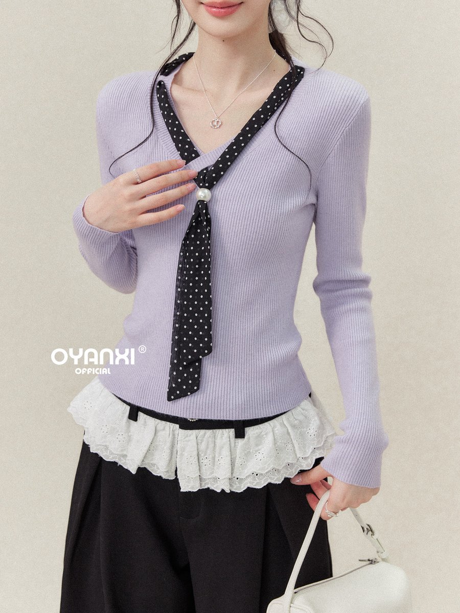OYANXI 配色 Vネックニット ドットスカーフ付き