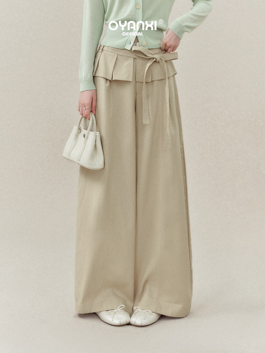 OYANXI リボン フリル付き ロング丈 ワイドパンツ