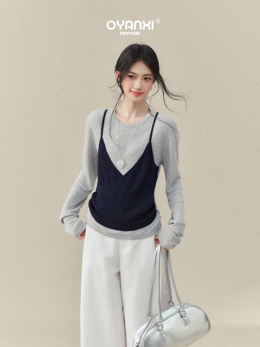 OYANXI キャミレイヤード 丸首 長袖ニット