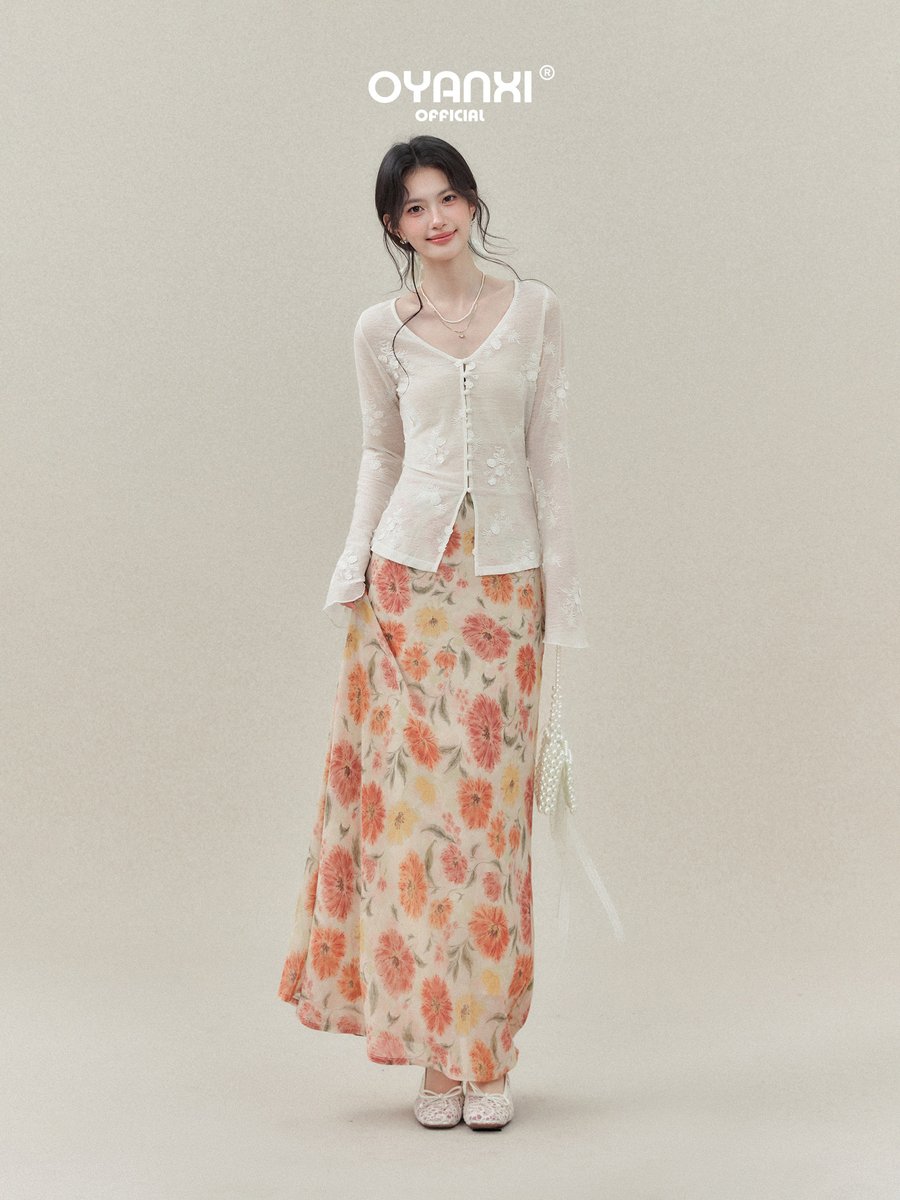 OYANXI 立体刺繍 シアー フレアスリーブ カーディガン
