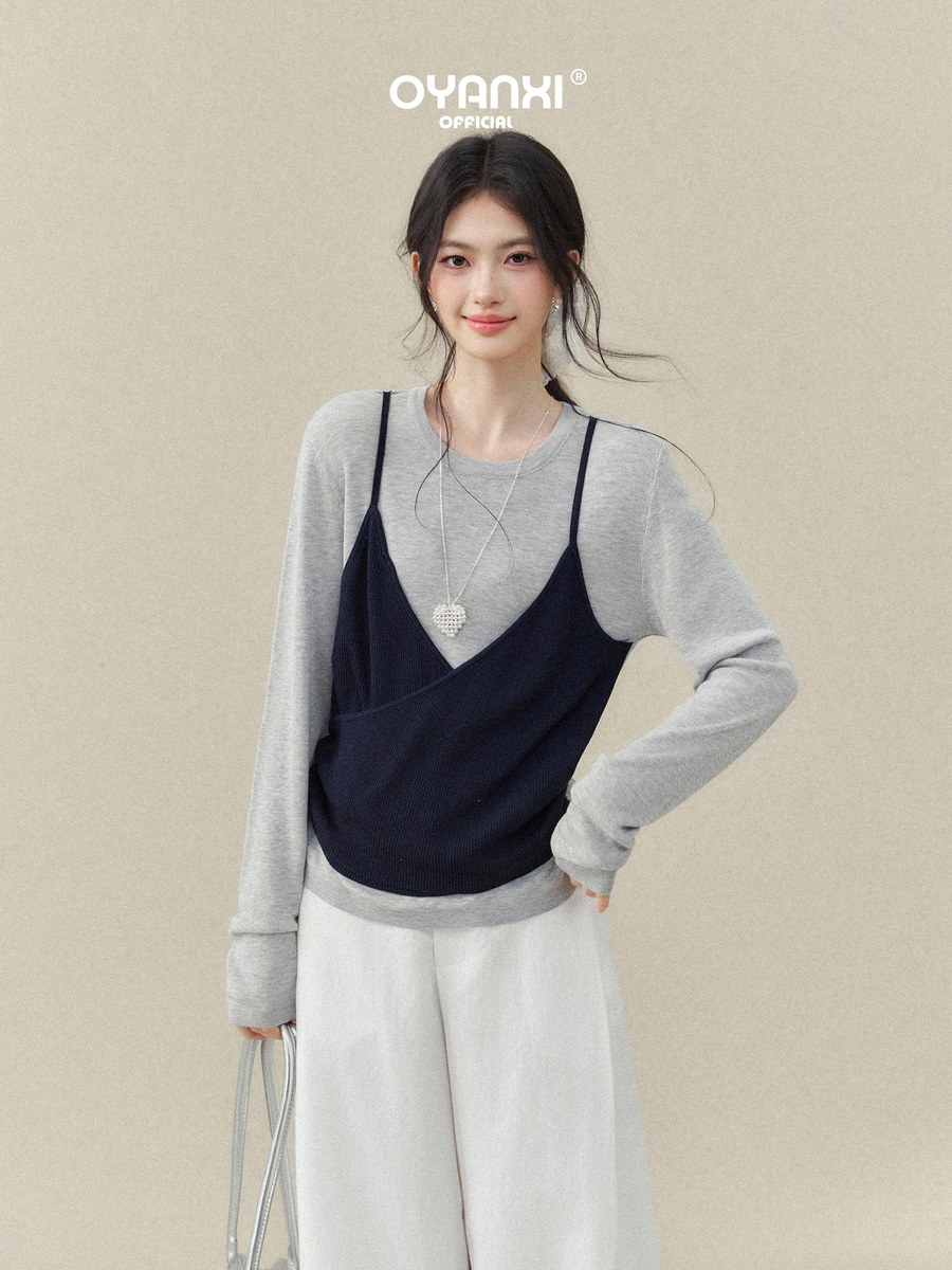 OYANXI キャミレイヤード 丸首 長袖ニット