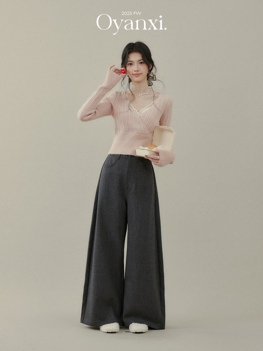 OYANXI すっきりシルエット 長袖ニット ピンク