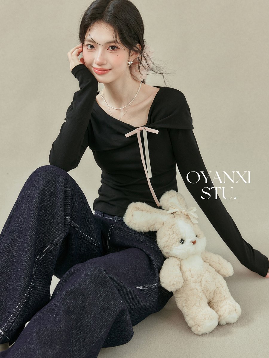 OYANXI リボン すっきりシルエット 長袖Tシャツ