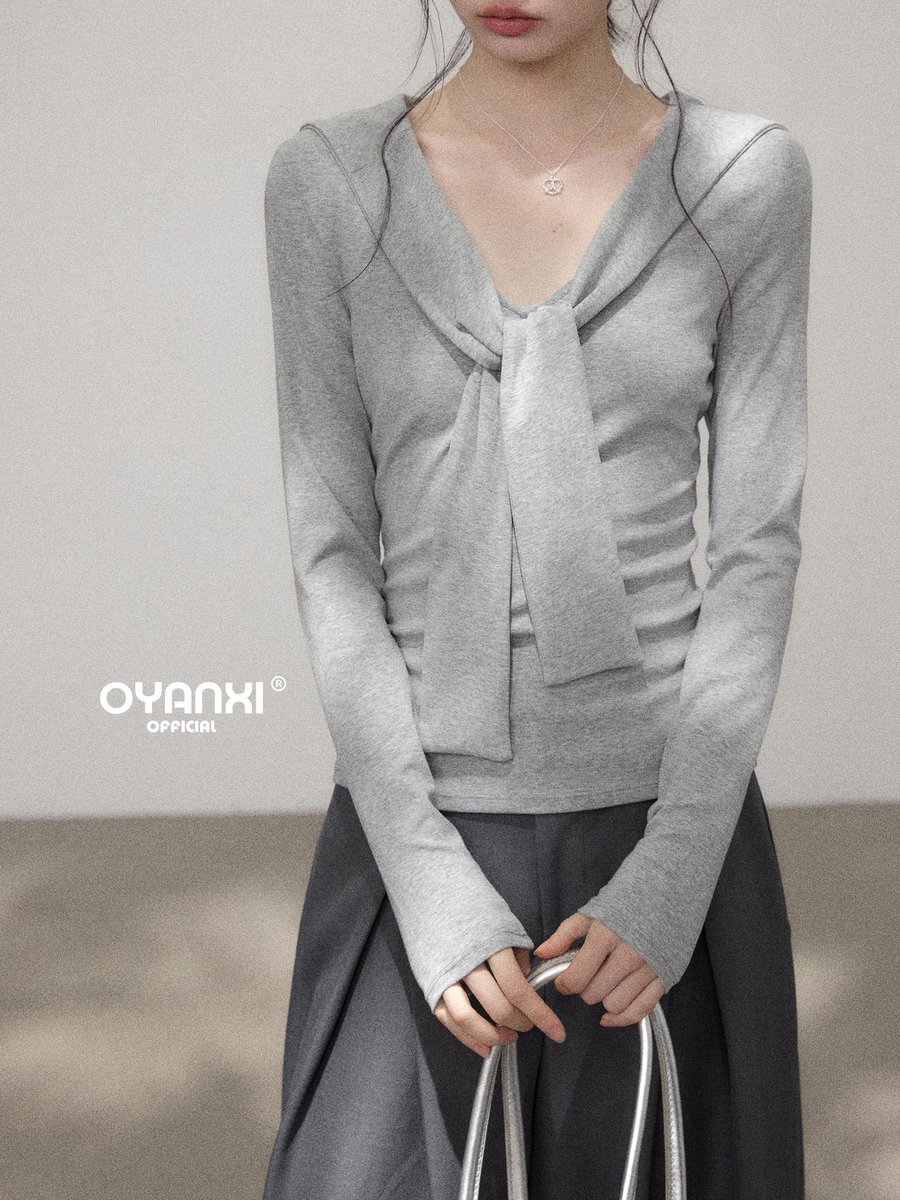 OYANXI ショール風 リボンネック スリム 長袖Tシャツ