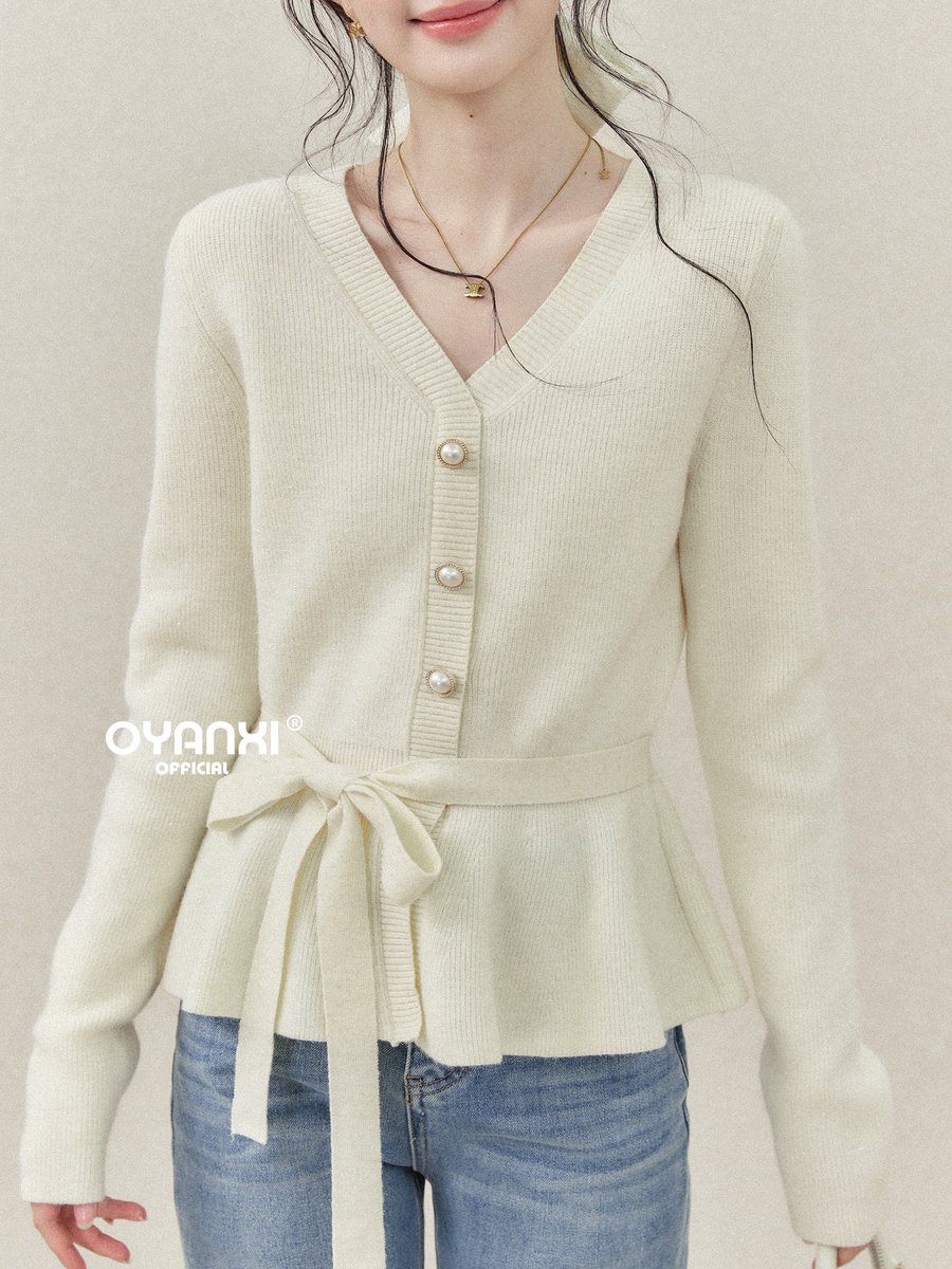 OYANXI Vネック パールボタン フリル裾 ウエストベルト ニット