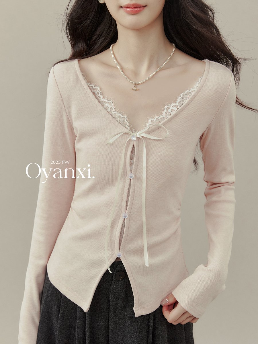 OYANXI フェイクレイヤード Vネック 起毛カットソー