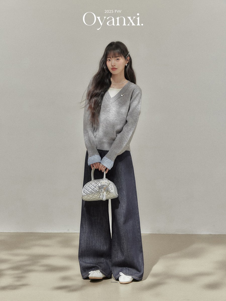 OYANXI Vネック フェイクレイヤード 長袖ニット グレー