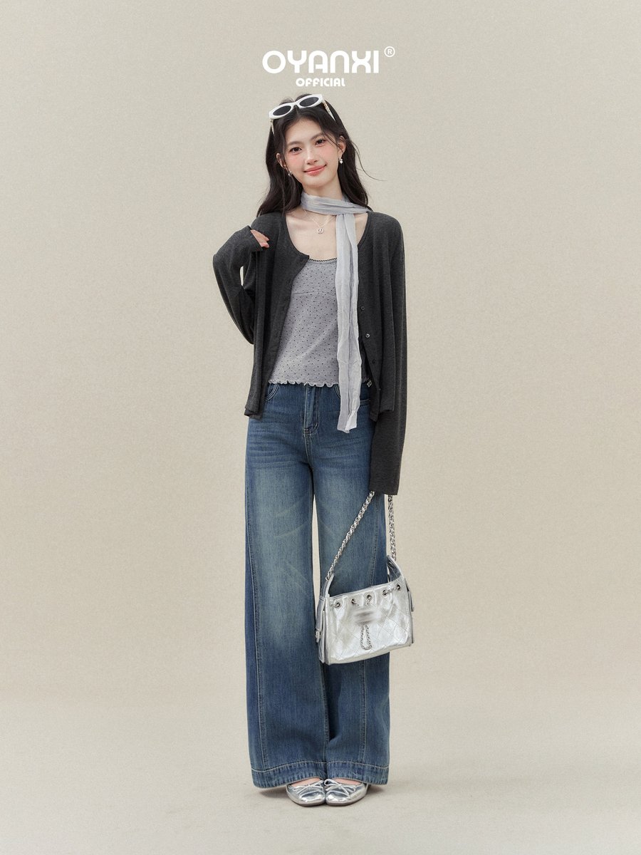 OYANXI ユーズド加工 ワイドストレート デニムパンツ