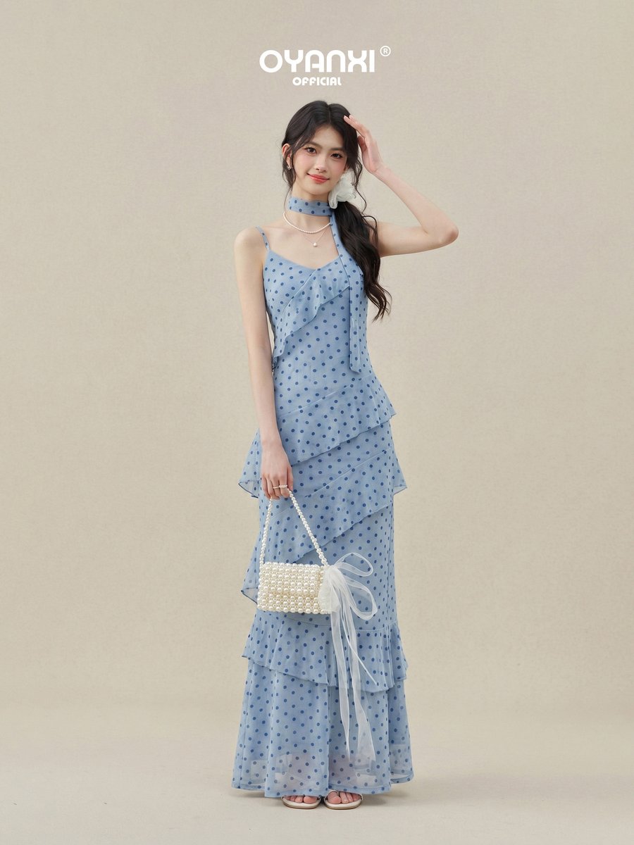 OYANXI ドット柄 Vネック キャミソールワンピース スカーフ付き