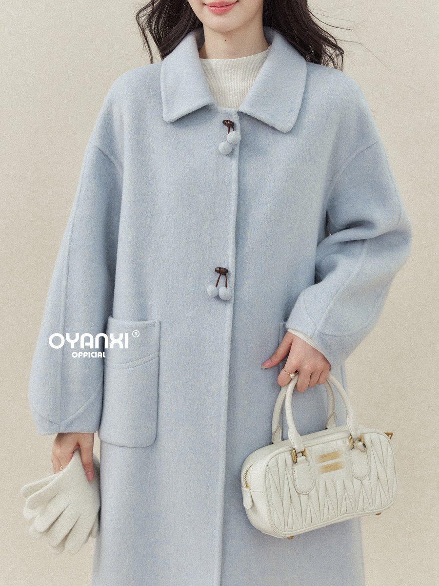 OYANXI ポンポンボタン 襟付き ロングコート ペールブルー