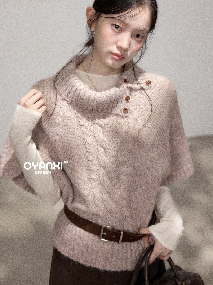 OYANXI ハーフハイネック 斜めボタン ゆったり 半袖ニット