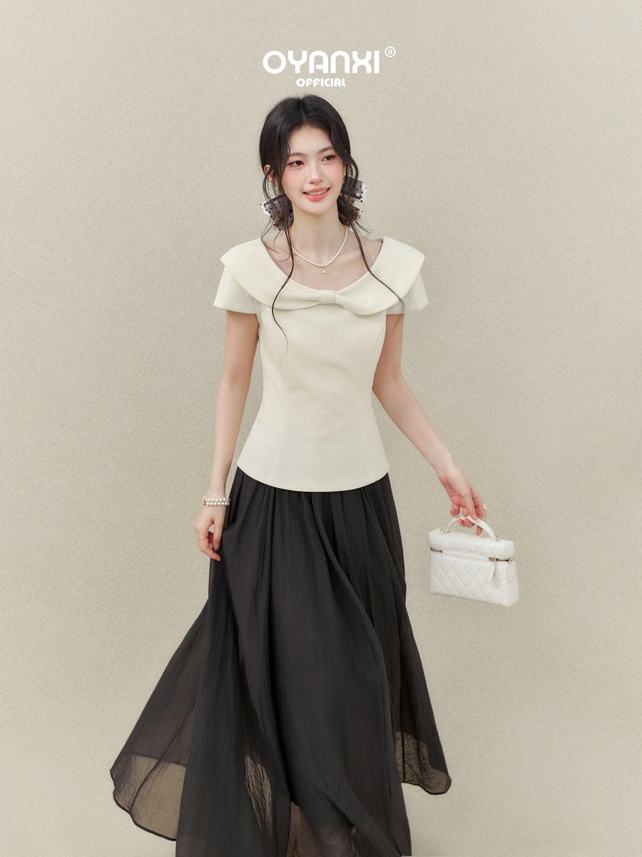 OYANXI 丸襟 リボン フリルスリーブ 半袖Tシャツ
