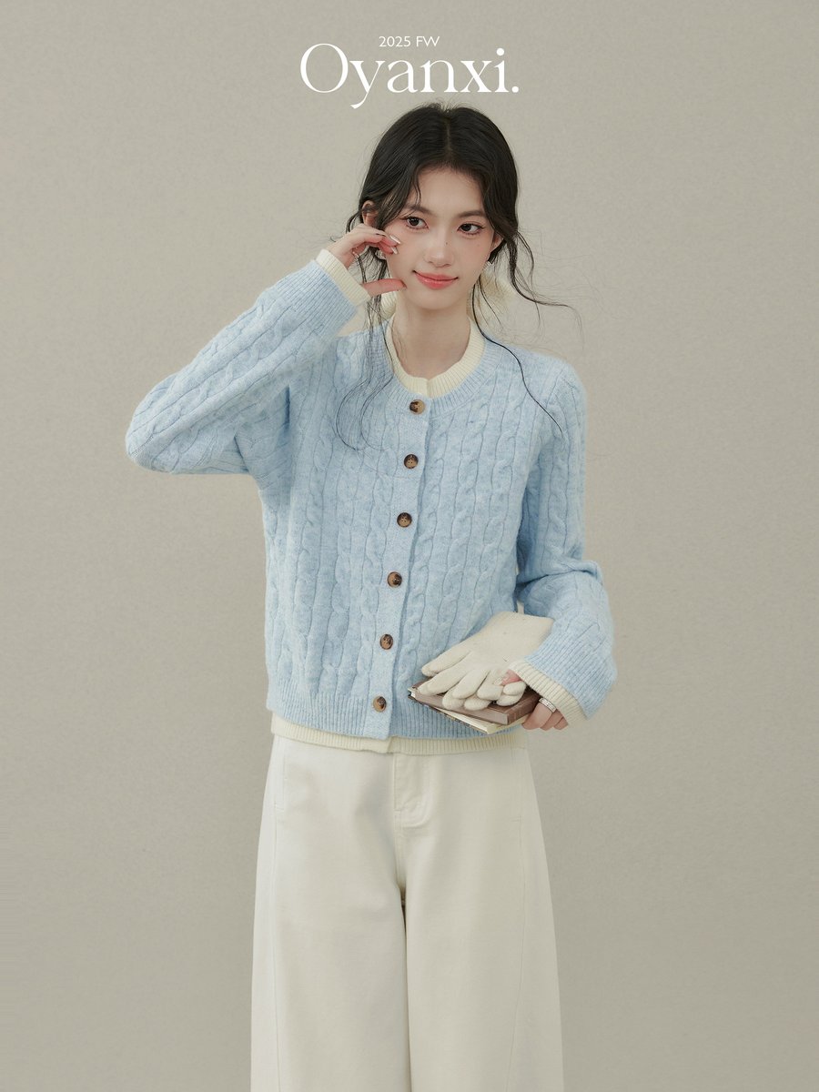 OYANXI フェイクレイヤード ブルー ニットカーディガン