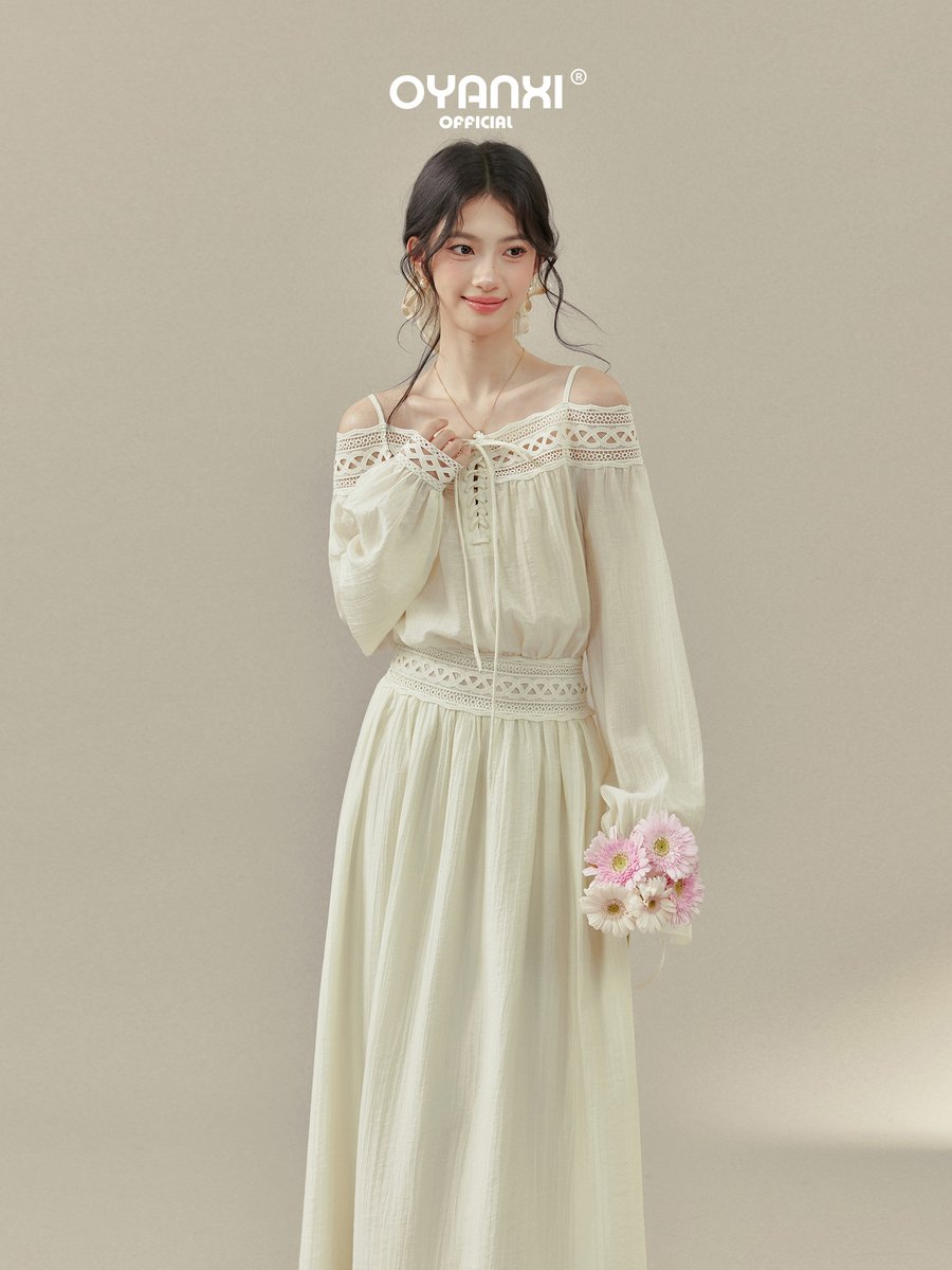 OYANXI 透かしレース オフショルダー キャミワンピース