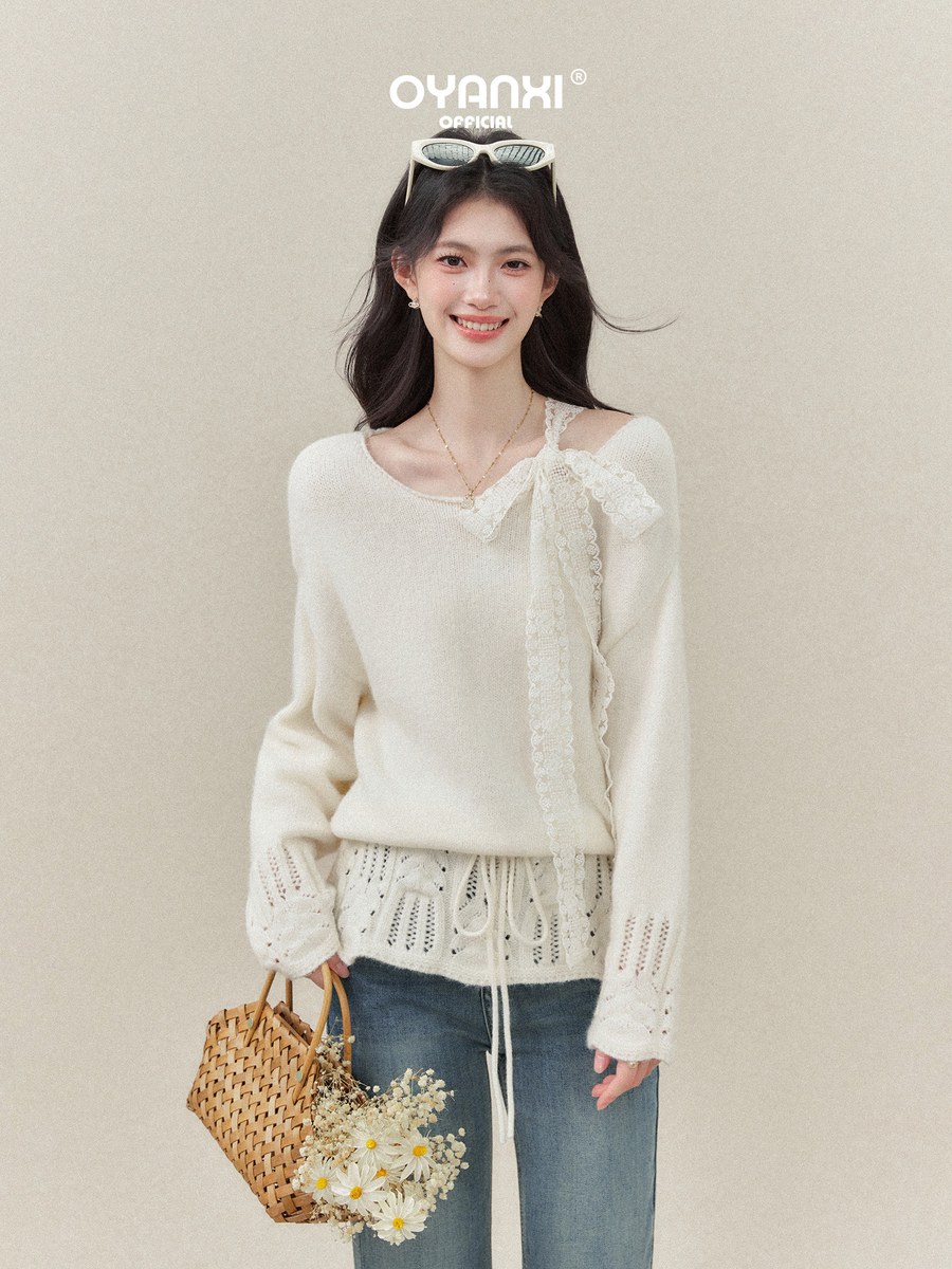OYANXI 片側レース リボン 透かし裾 ニットセーター