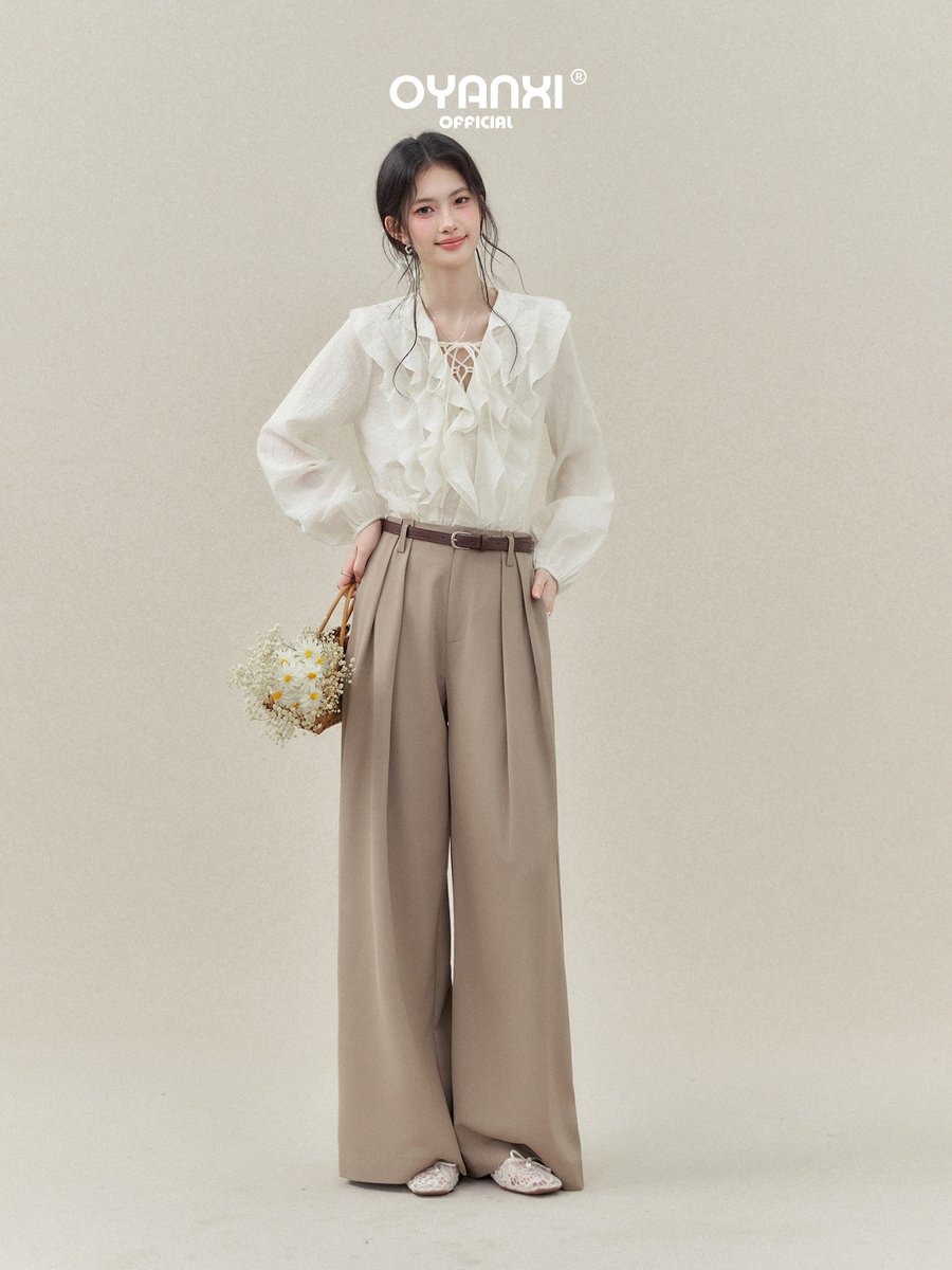 OYANXI フリル Vネック バルーンスリーブ ブラウス