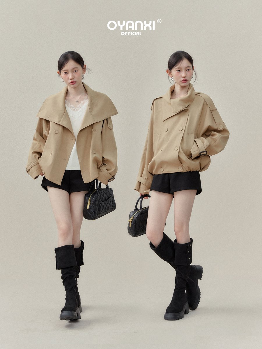 OYANXI ダブルボタン 襟付き ショートトレンチジャケット