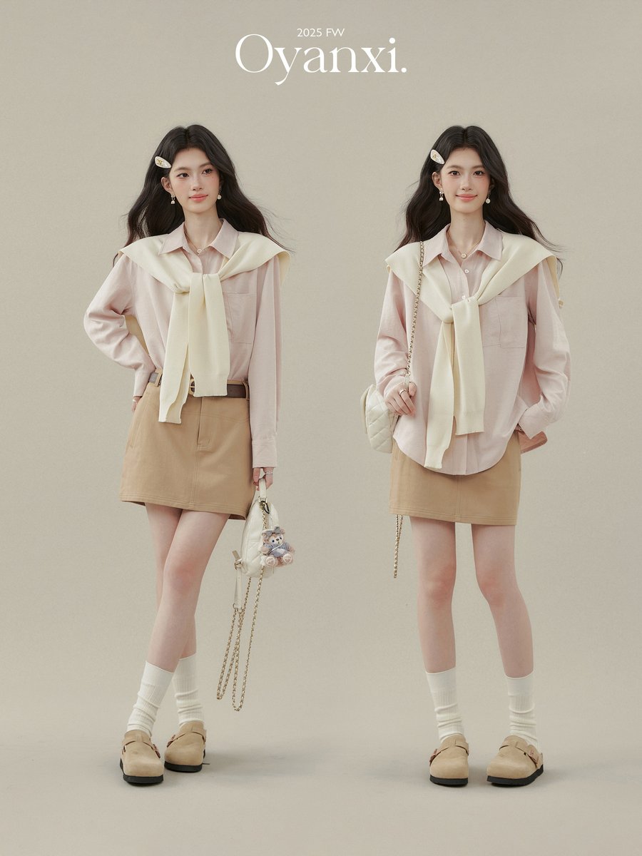 OYANXI ショール付き ポロカラー 長袖シャツ ピンク