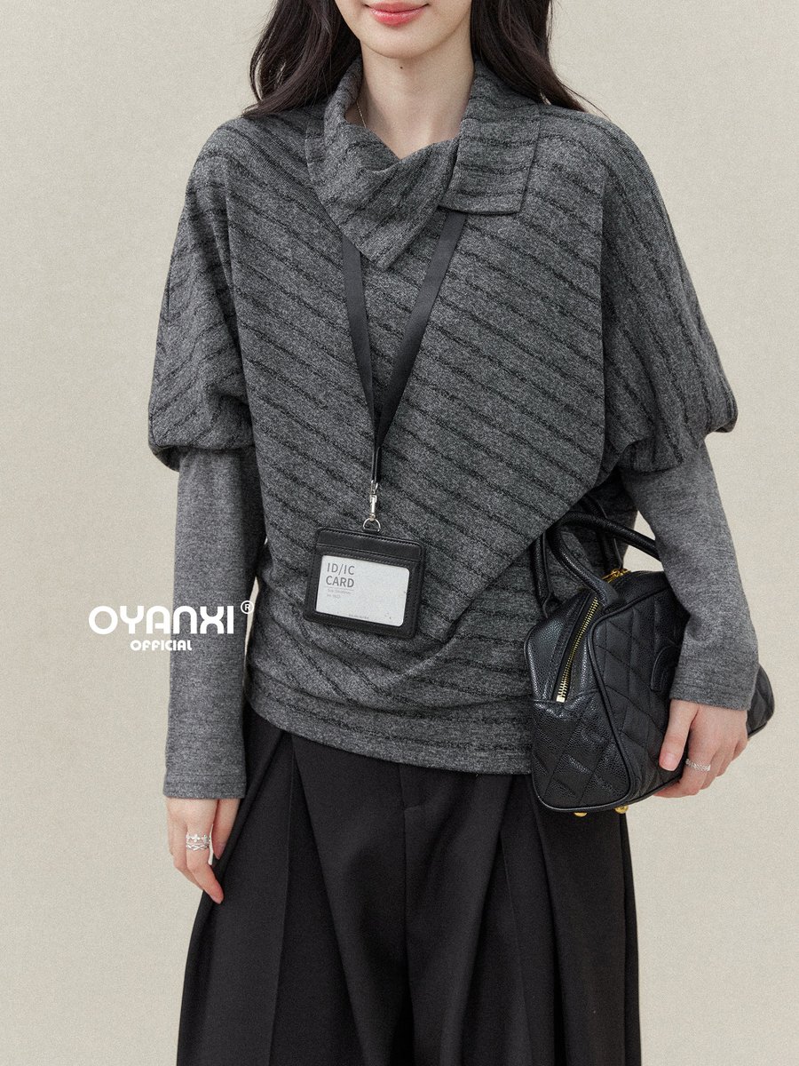 OYANXI ハイネック ボーダー フェイクレイヤード ドルマンTシャツ
