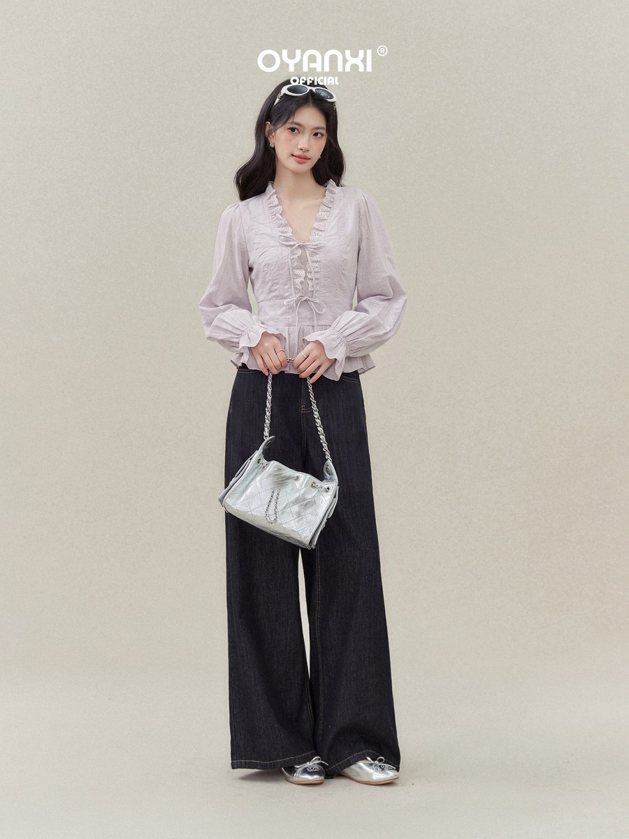 OYANXI Vネック パフスリーブ ウエストシェイプシャツ