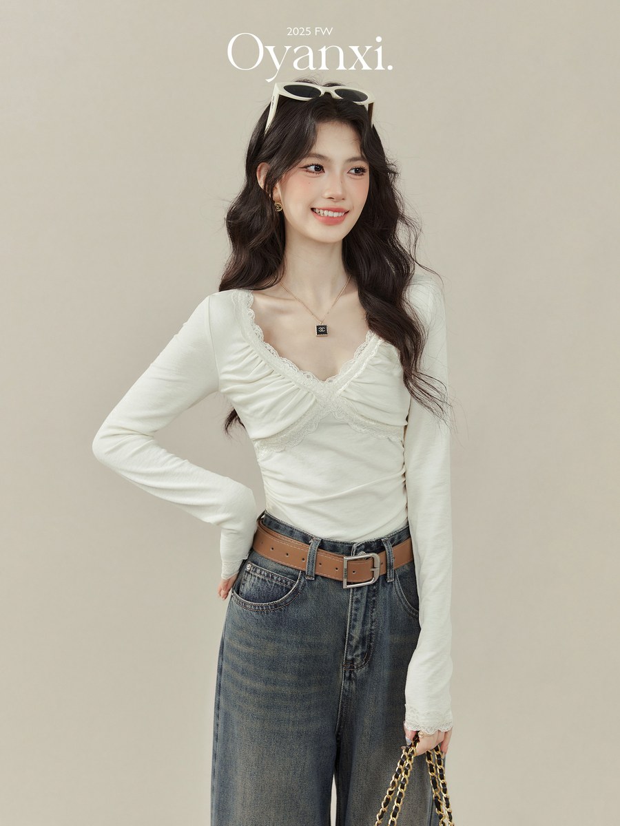 OYANXI レース Vネック インナー 長袖Tシャツ