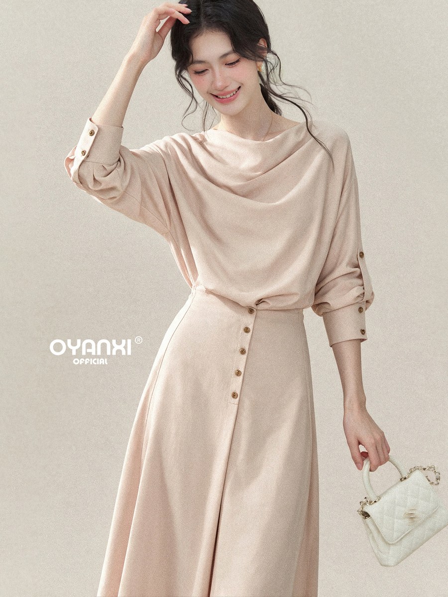 OYANXI ドレープネック ハイウエスト Aライン ロングワンピース
