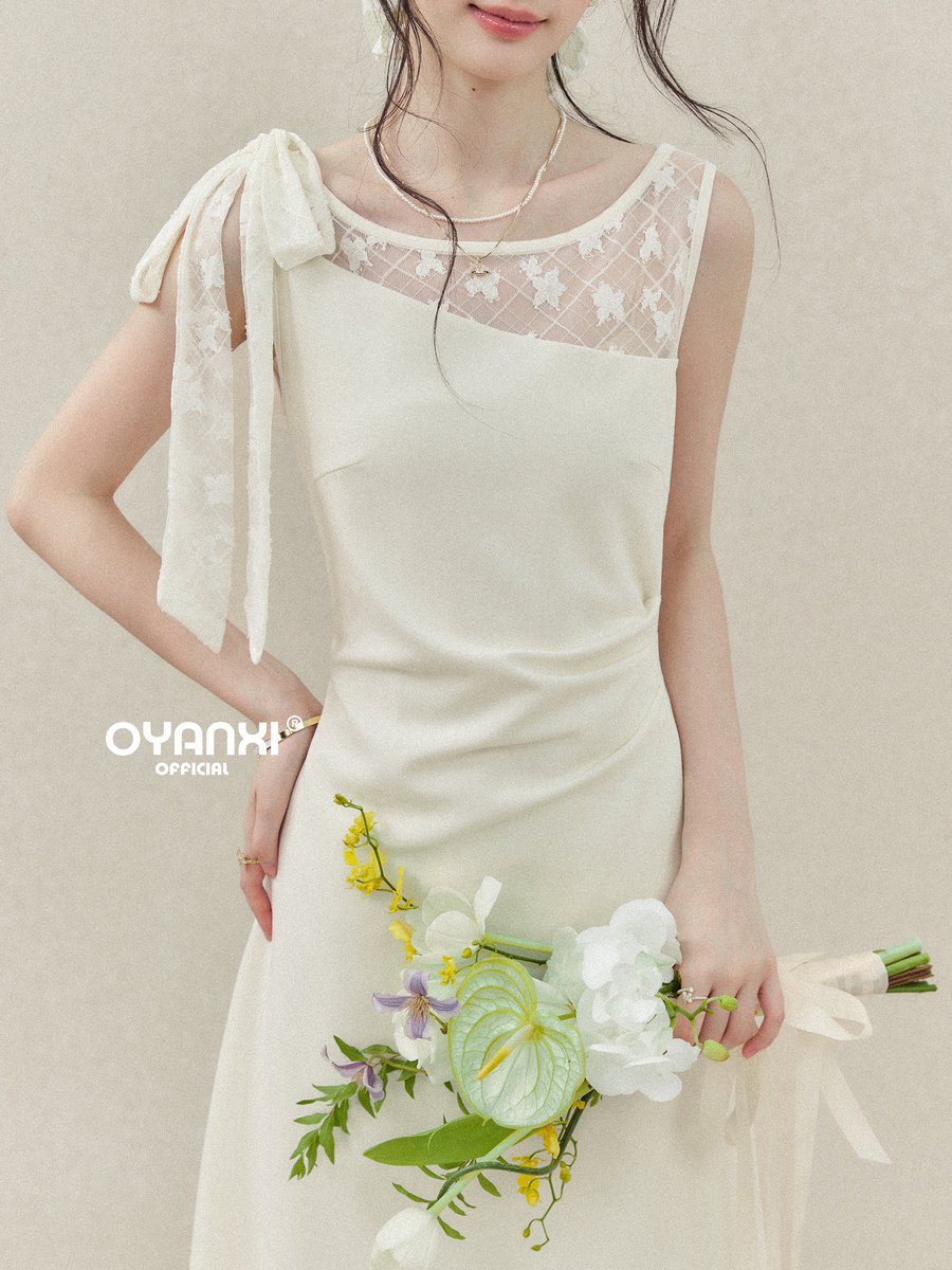 OYANXI レース チュール リボン オフショルダー ロングワンピース