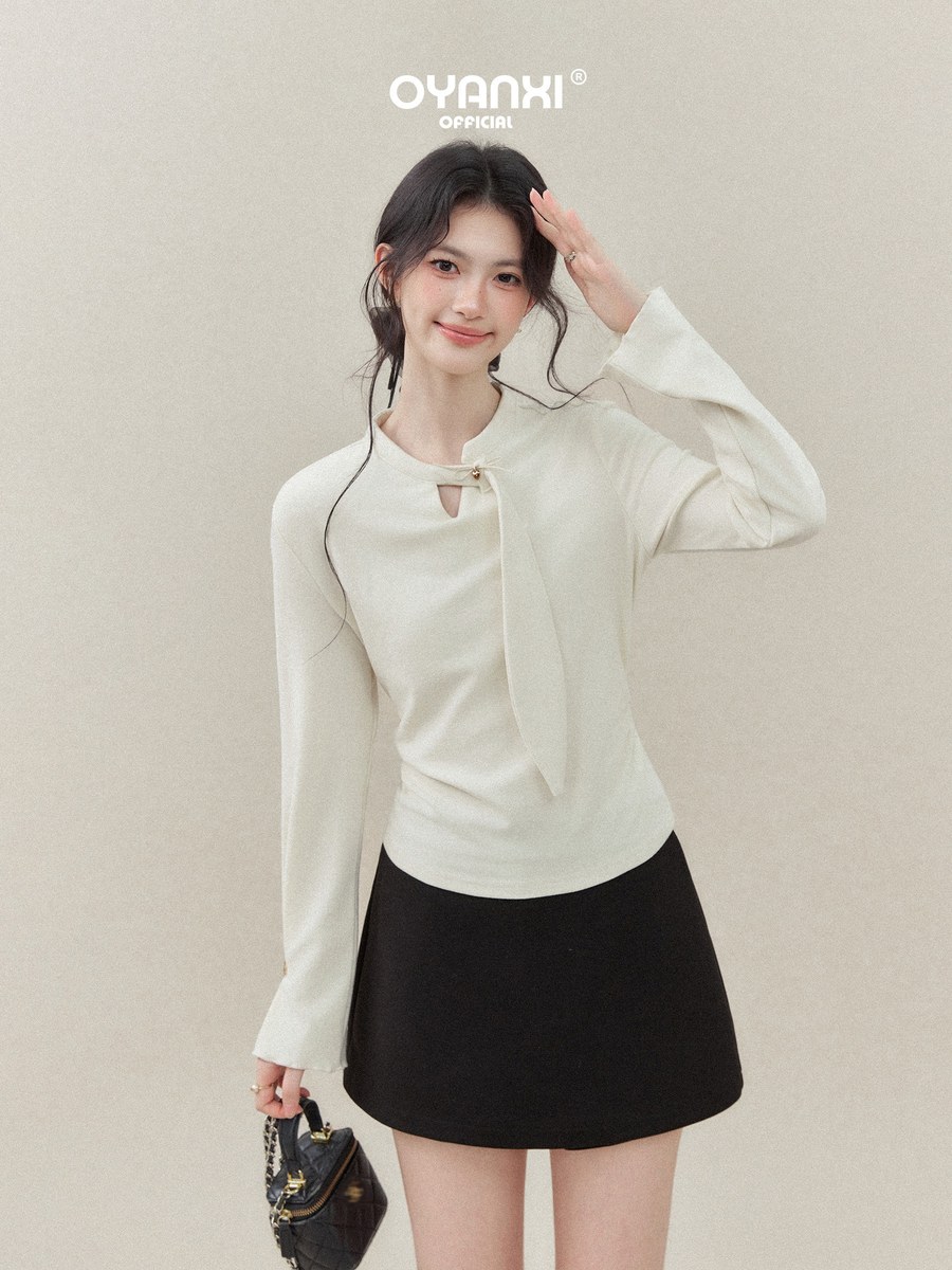 OYANXI スタンドカラー 透かし フレア袖 長袖Tシャツ