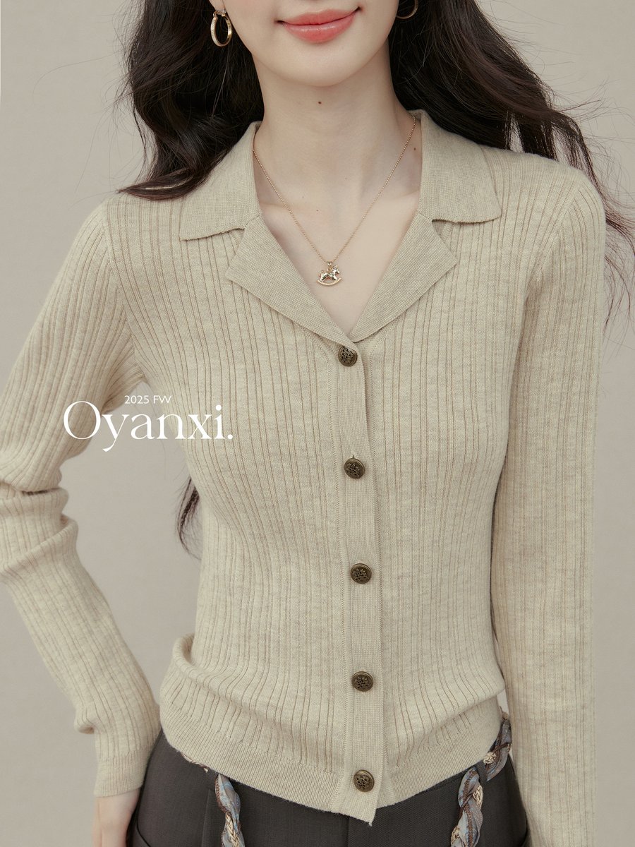 OYANXI 襟付き Vネック ニットカーディガン