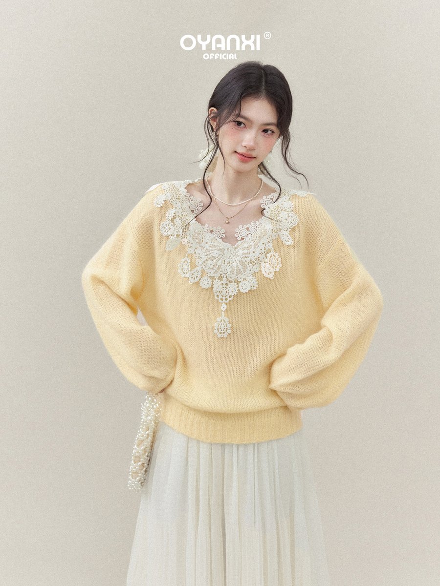 OYANXI レース Vネック ゆったりニット