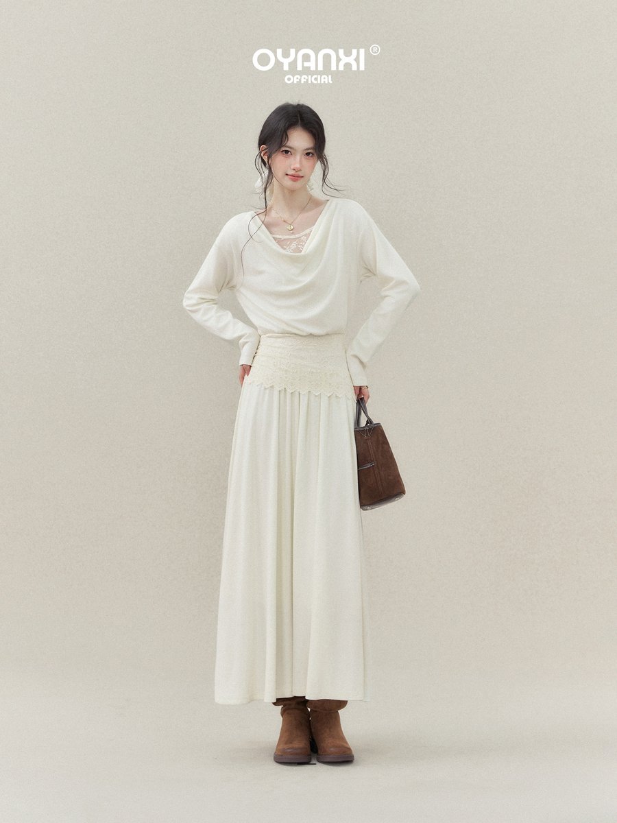 OYANXI ドレープネック レース切り替え ロングワンピース