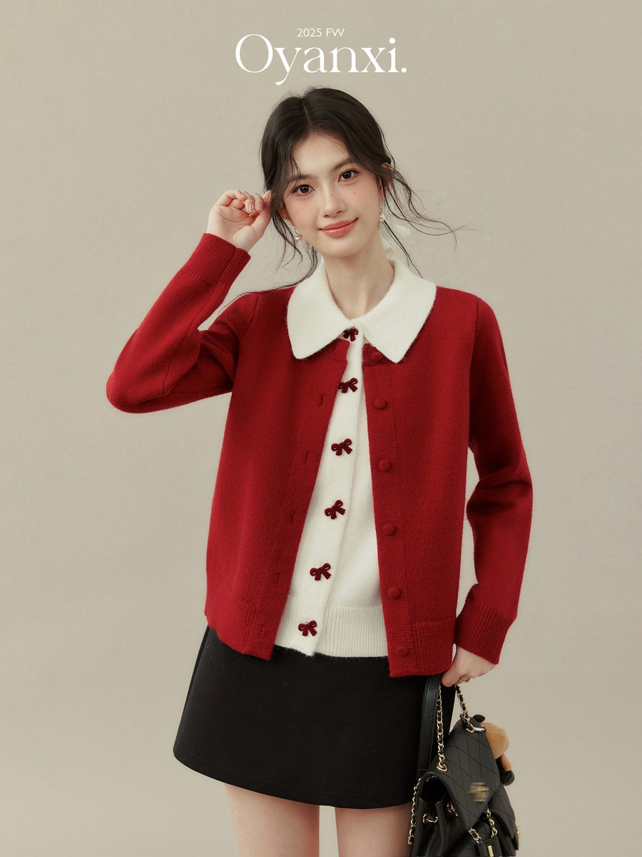 OYANXI リボン付き 襟付き フェイクレイヤード ニットカーディガン